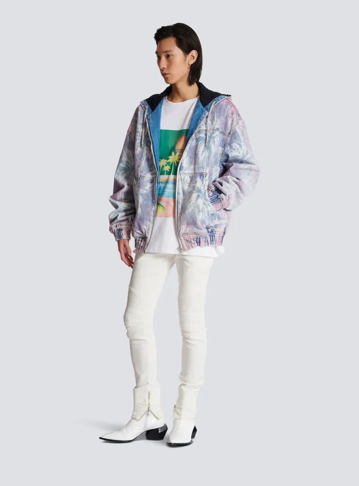 Balmain Denim Hooded Bomber Jacket With Palm Tree Print Blue Men Denim