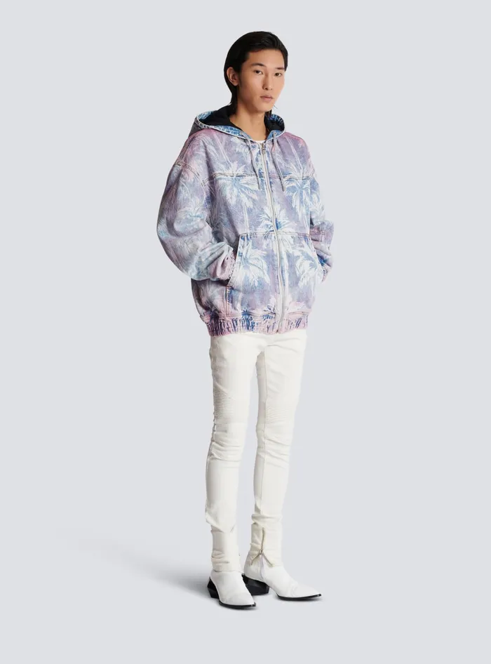 Balmain Denim Hooded Bomber Jacket With Palm Tree Print Blue Men Denim