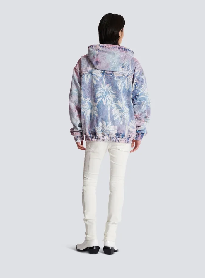 Balmain Denim Hooded Bomber Jacket With Palm Tree Print Blue Men Denim