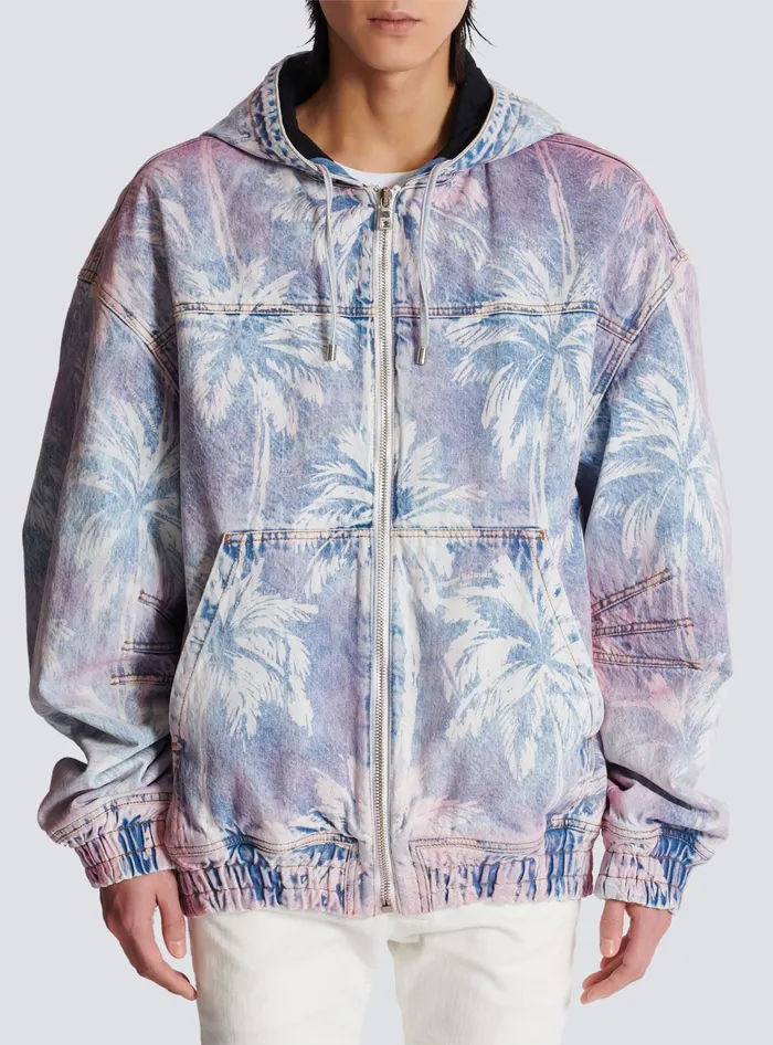Balmain Denim Hooded Bomber Jacket With Palm Tree Print Blue Men Denim