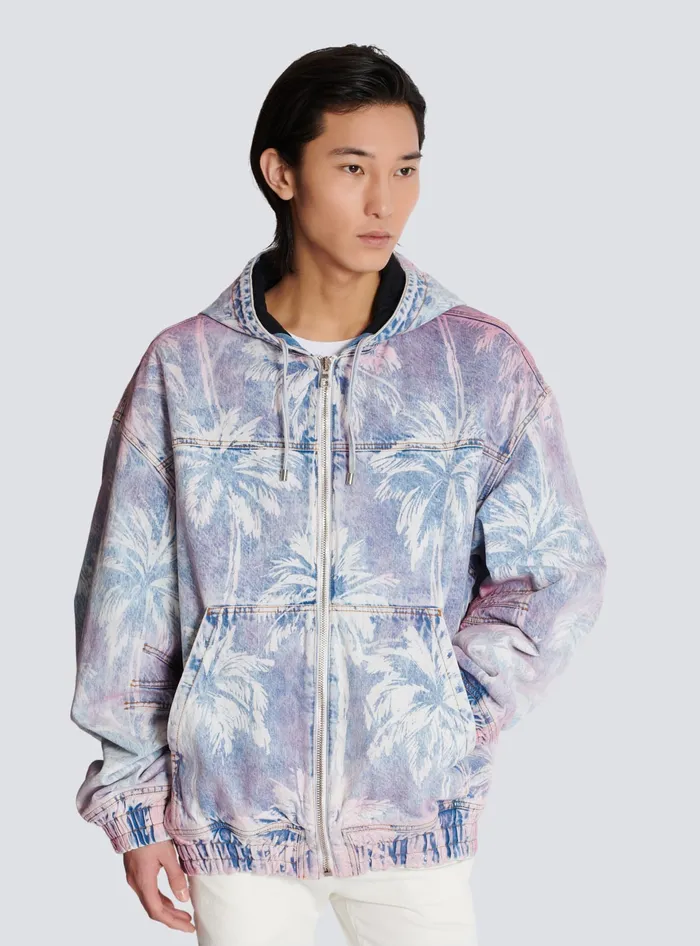 Balmain Denim Hooded Bomber Jacket With Palm Tree Print Blue Men Denim