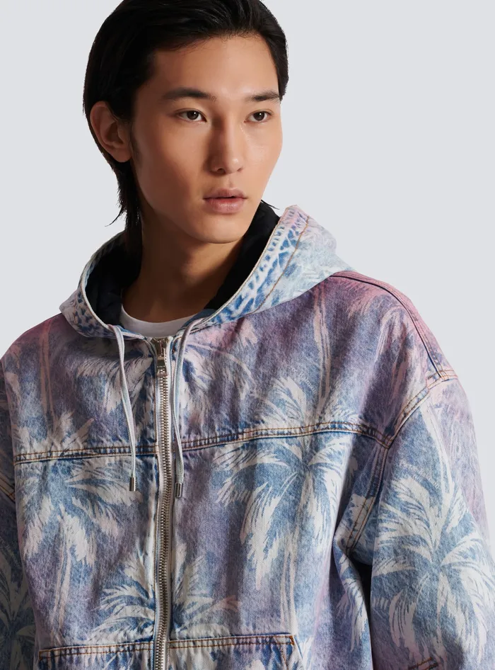Balmain Denim Hooded Bomber Jacket With Palm Tree Print Blue Men Denim