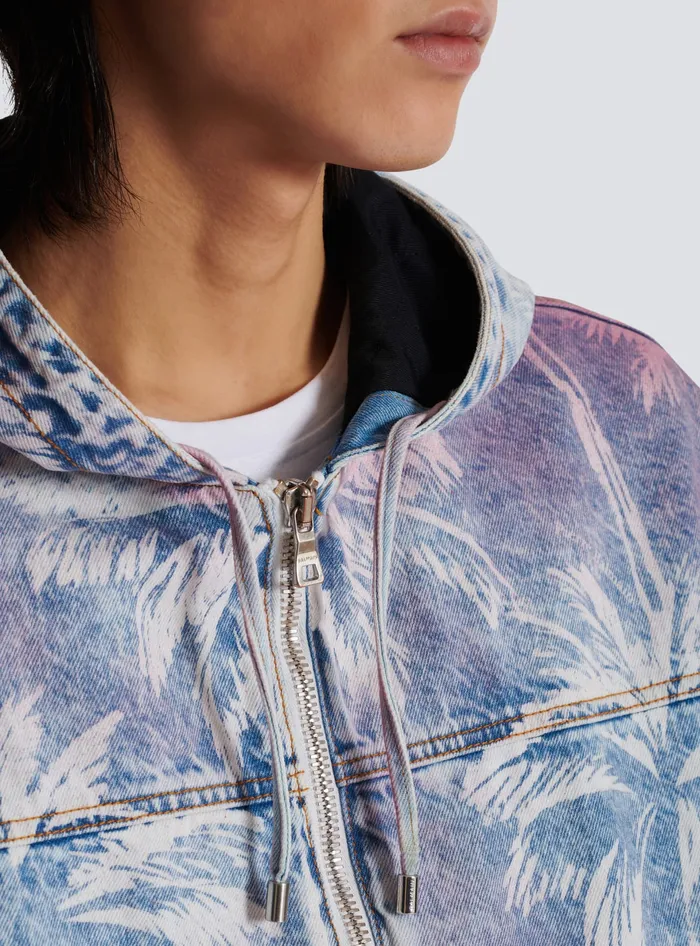 Balmain Denim Hooded Bomber Jacket With Palm Tree Print Blue Men Denim
