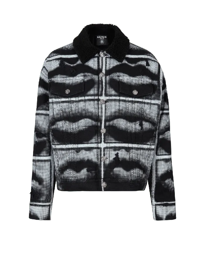 Balmain Denim Jacket With Lips Print Black Men Outerwear