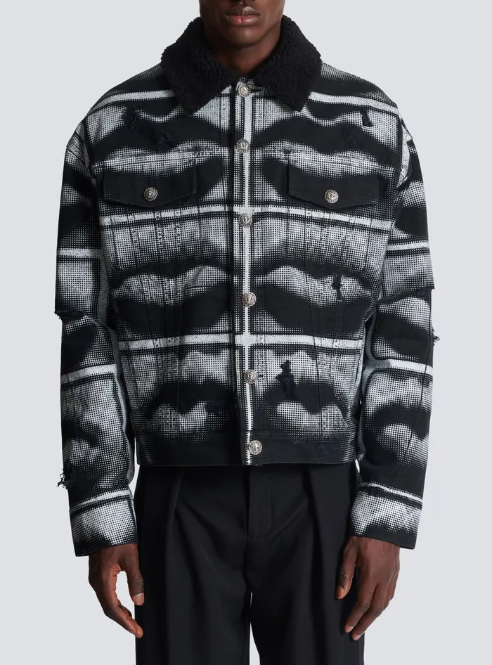 Balmain Denim Jacket With Lips Print Black Men Outerwear