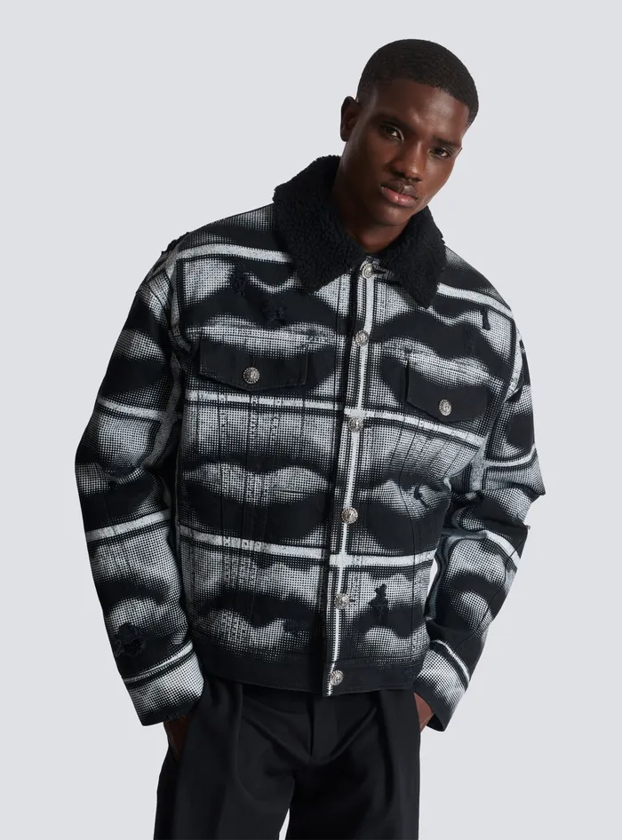 Balmain Denim Jacket With Lips Print Black Men Outerwear