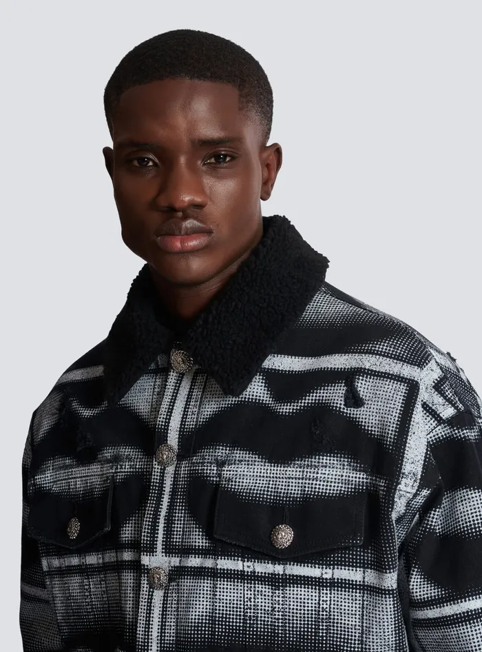 Balmain Denim Jacket With Lips Print Black Men Outerwear