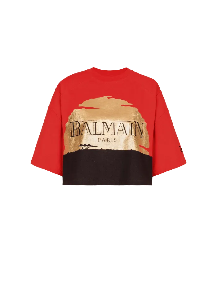 Balmain Disney X The Lion King 8211 Cropped Tshirt With Sunset Print Red Women TShirts
