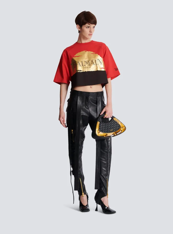 Balmain Disney X The Lion King 8211 Cropped Tshirt With Sunset Print Red Women TShirts