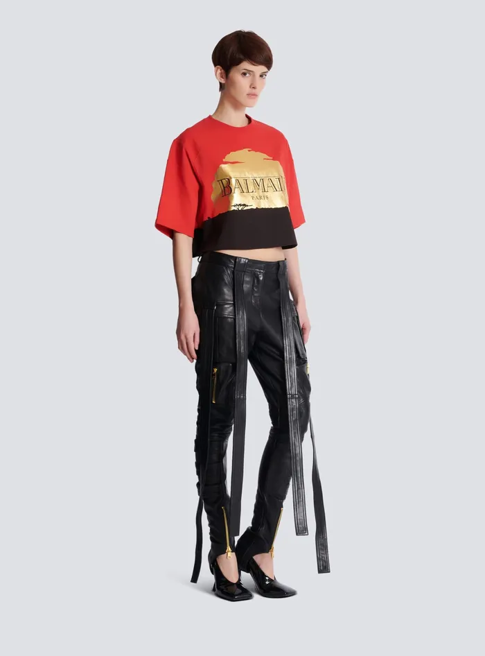 Balmain Disney X The Lion King 8211 Cropped Tshirt With Sunset Print Red Women TShirts