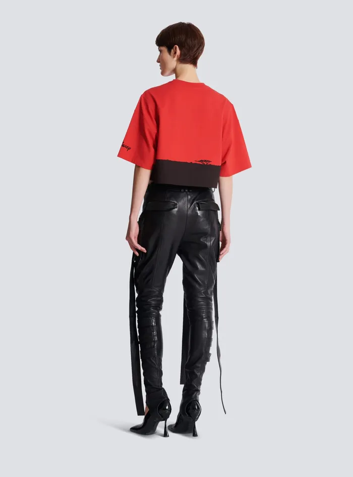 Balmain Disney X The Lion King 8211 Cropped Tshirt With Sunset Print Red Women TShirts