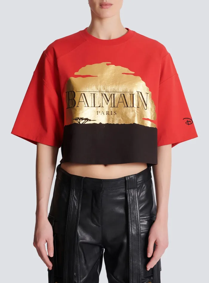 Balmain Disney X The Lion King 8211 Cropped Tshirt With Sunset Print Red Women TShirts