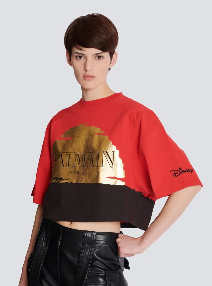 Balmain Disney X The Lion King 8211 Cropped Tshirt With Sunset Print Red Women TShirts