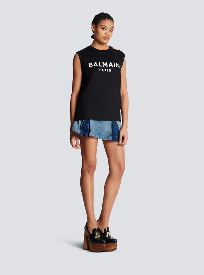 Balmain Ecodesigned Cotton Tshirt With Logo Print Black Women TShirts