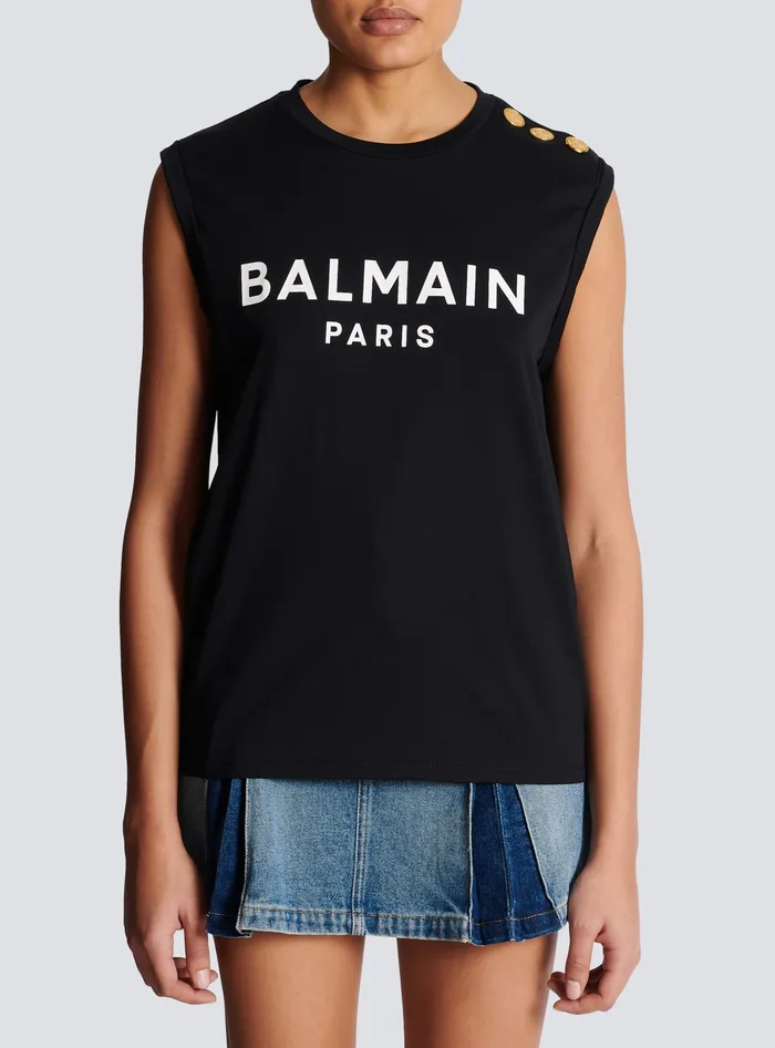 Balmain Ecodesigned Cotton Tshirt With Logo Print Black Women TShirts