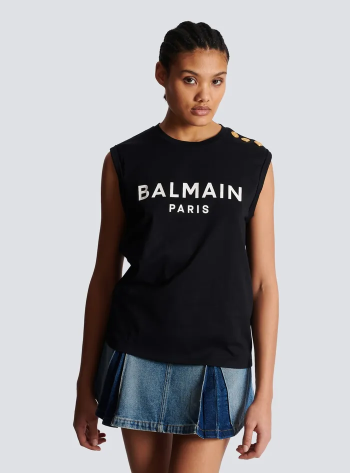 Balmain Ecodesigned Cotton Tshirt With Logo Print Black Women TShirts