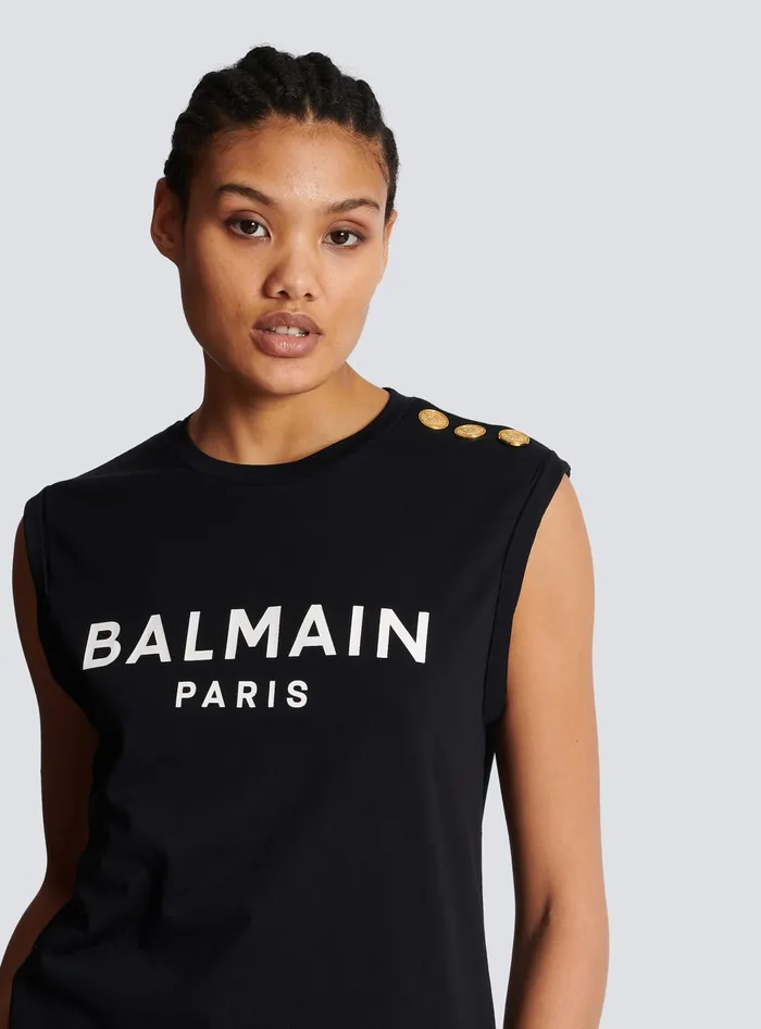 Balmain Ecodesigned Cotton Tshirt With Logo Print Black Women TShirts