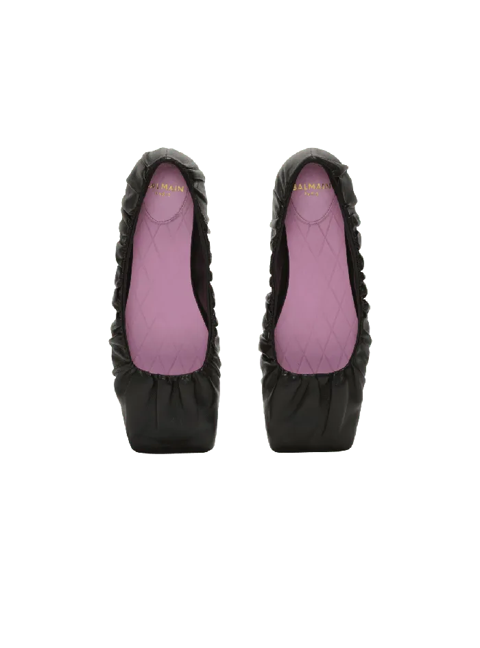 Balmain Eden Ballet Flats In Gathered Lambskin Black Women Flat Shoes
