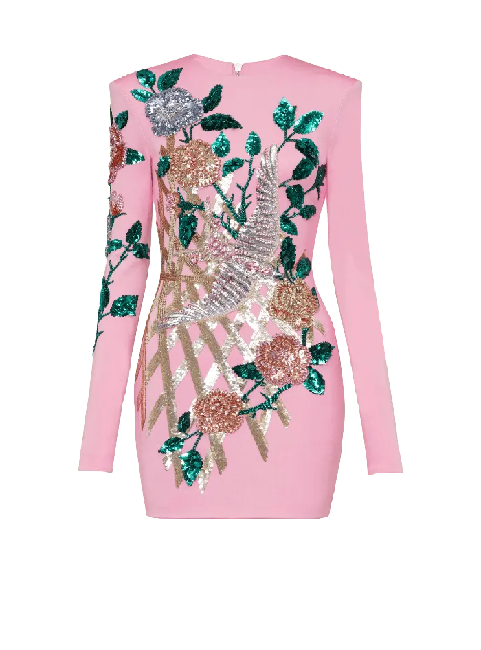 Balmain Embroidered Roses Dress Pink Women Dresses
