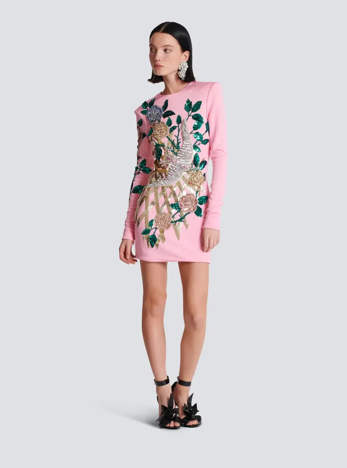 Balmain Embroidered Roses Dress Pink Women Dresses