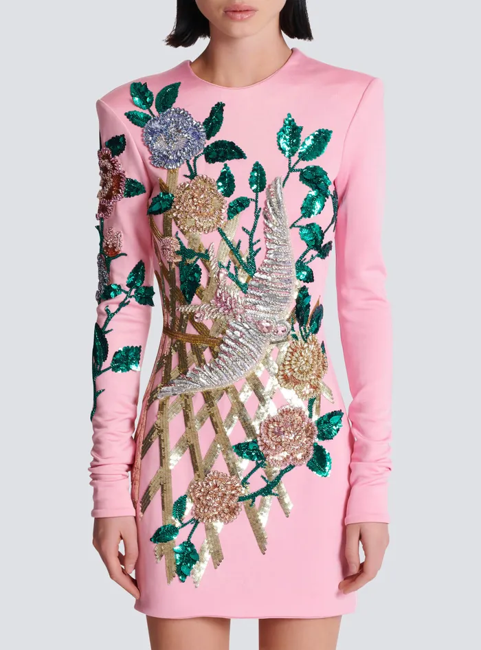Balmain Embroidered Roses Dress Pink Women Dresses