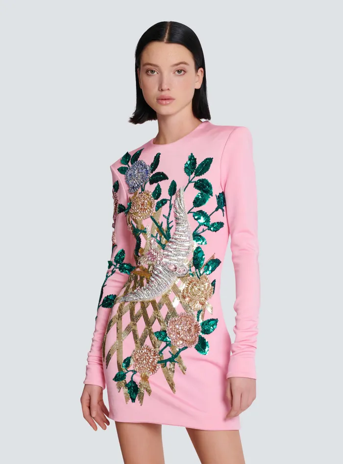 Balmain Embroidered Roses Dress Pink Women Dresses