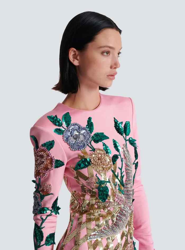 Balmain Embroidered Roses Dress Pink Women Dresses