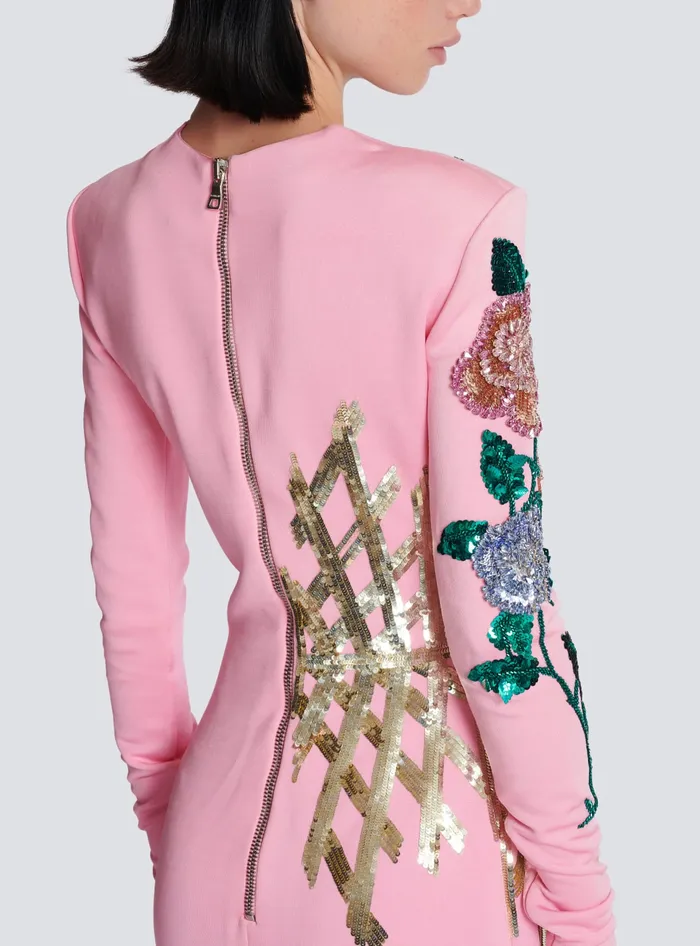 Balmain Embroidered Roses Dress Pink Women Dresses