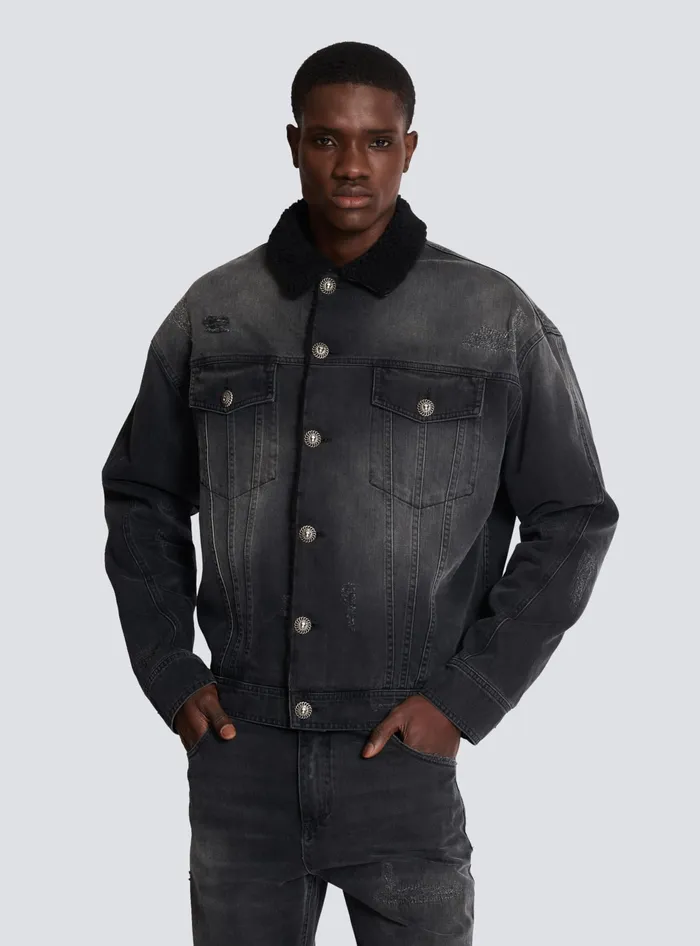 Balmain Faded Denim Jacket Black Men Denim