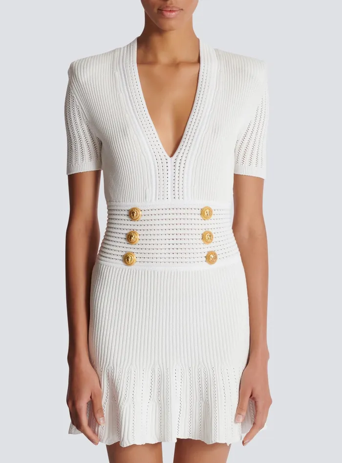 Balmain Flared Knit Dress White Women Dresses