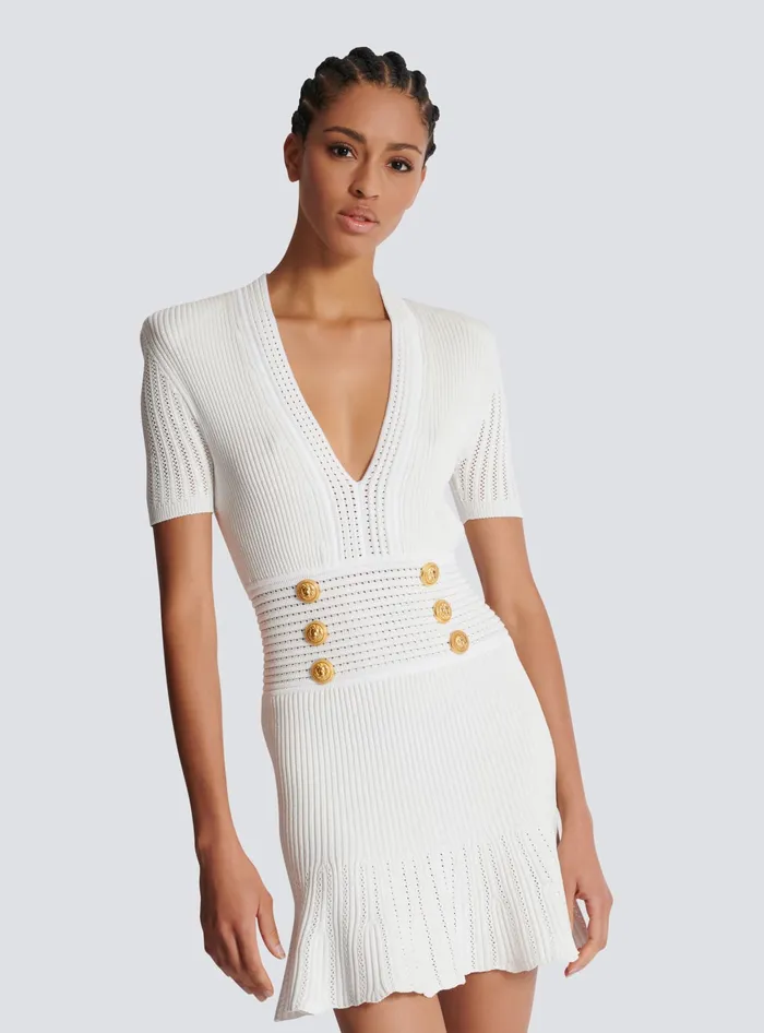 Balmain Flared Knit Dress White Women Dresses