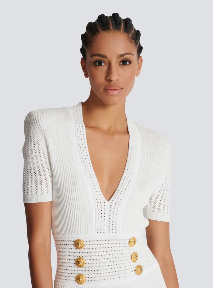 Balmain Flared Knit Dress White Women Dresses