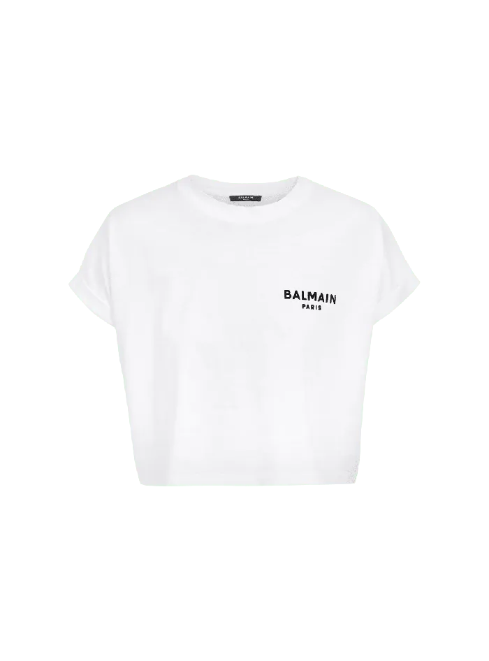 Balmain Flocked Paris Cropped TShirt White Women TShirts