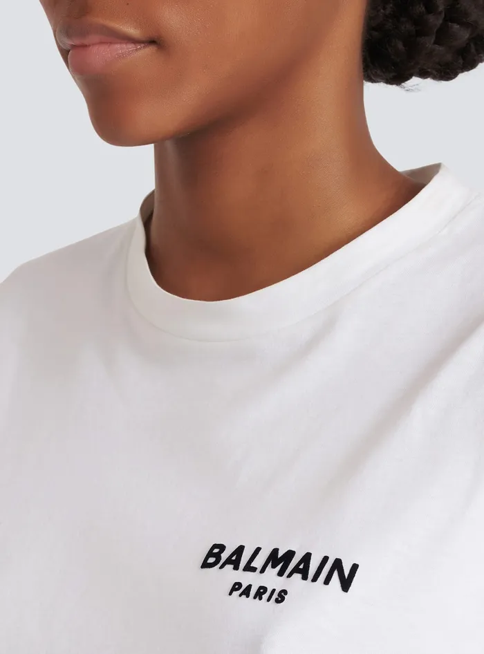 Balmain Flocked Paris Cropped TShirt White Women TShirts
