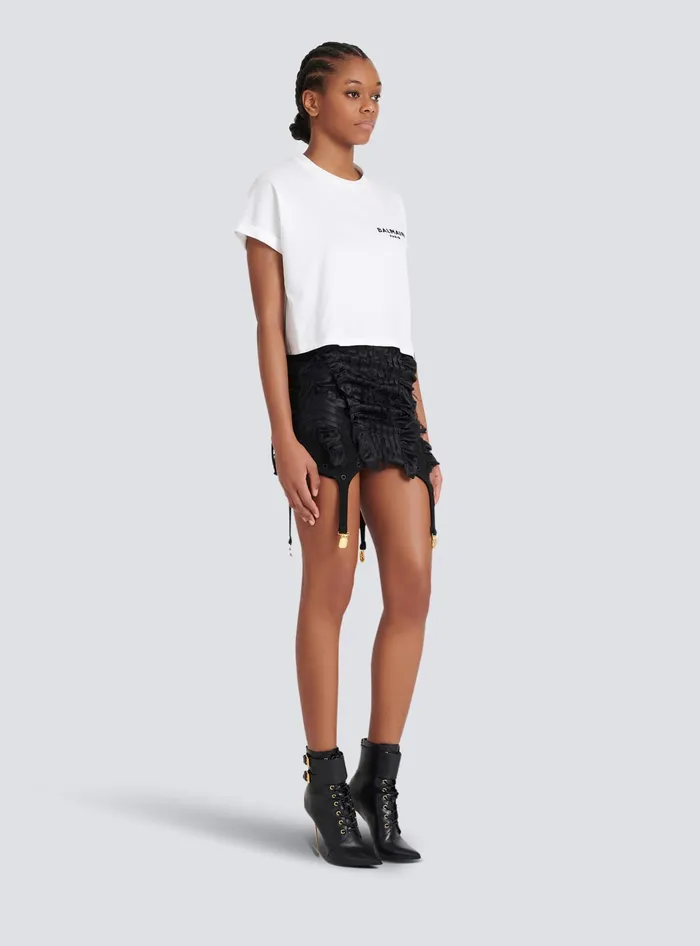 Balmain Flocked Paris Cropped TShirt White Women TShirts