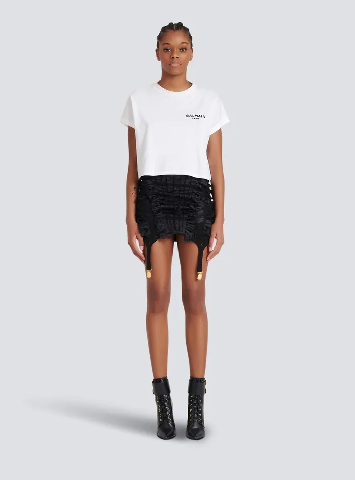 Balmain Flocked Paris Cropped TShirt White Women TShirts