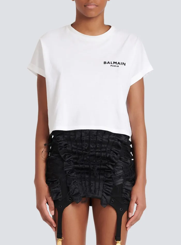 Balmain Flocked Paris Cropped TShirt White Women TShirts