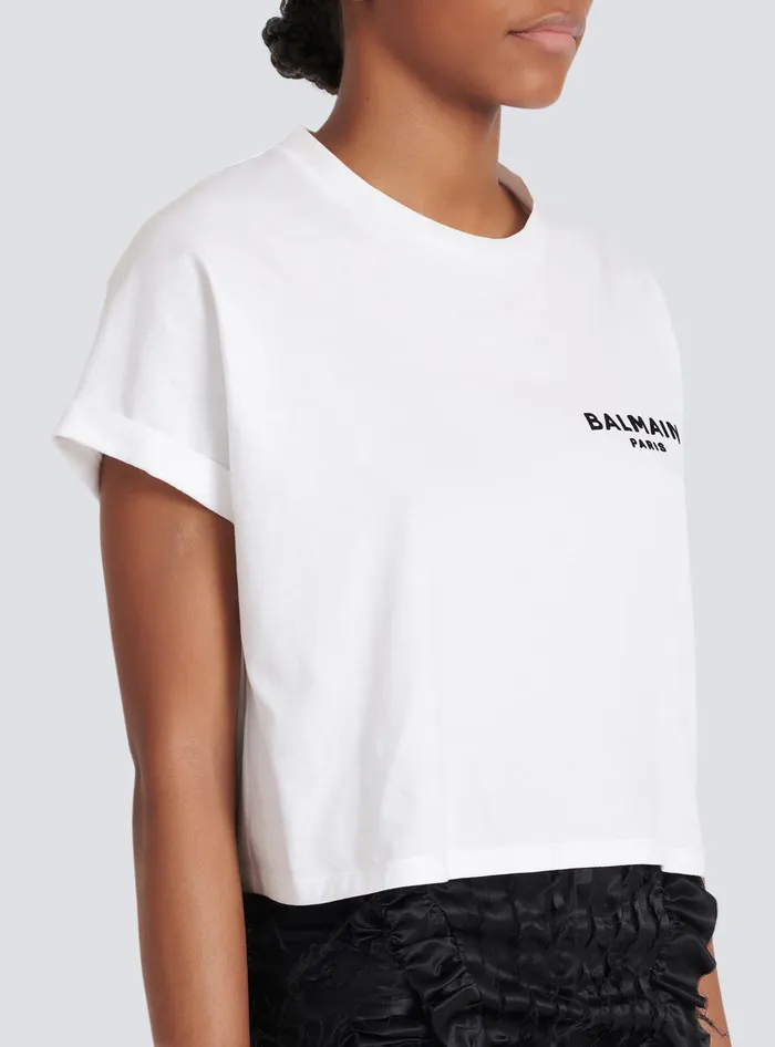 Balmain Flocked Paris Cropped TShirt White Women TShirts
