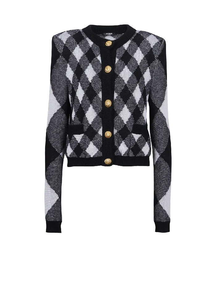 Balmain Gingham Knit Cardigan Black Women Knitwear