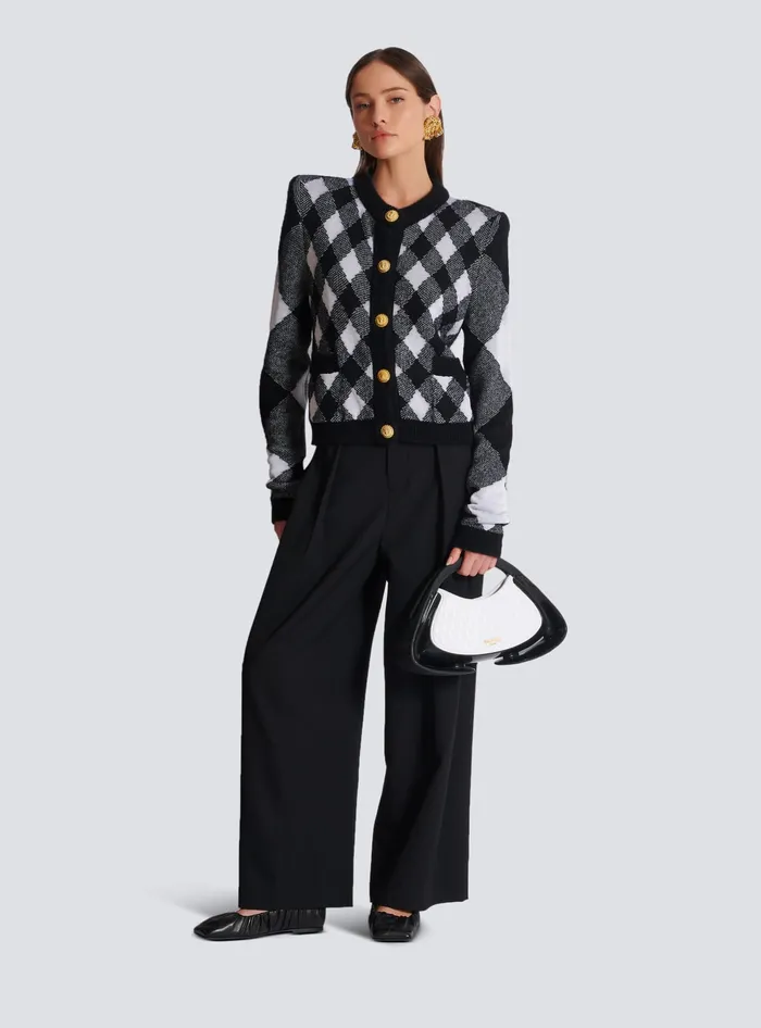 Balmain Gingham Knit Cardigan Black Women Knitwear