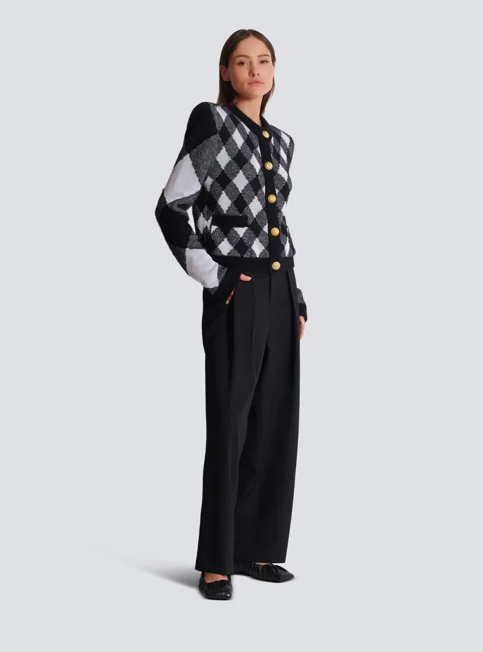 Balmain Gingham Knit Cardigan Black Women Knitwear