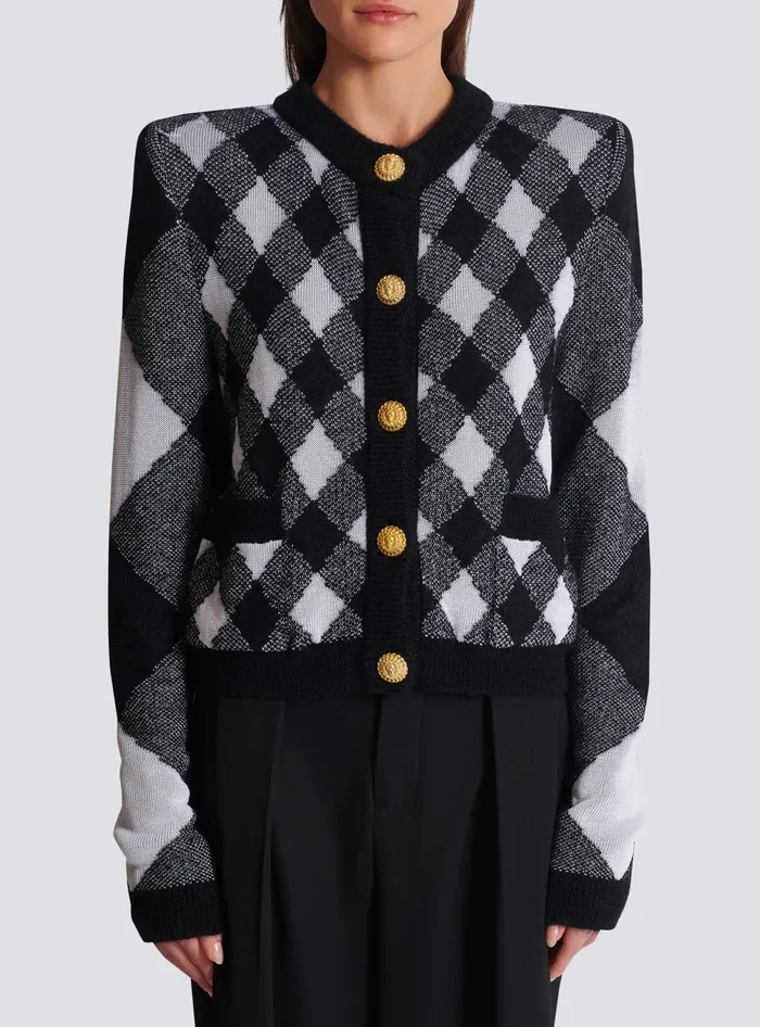 Balmain Gingham Knit Cardigan Black Women Knitwear