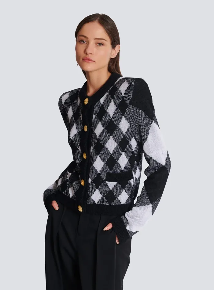 Balmain Gingham Knit Cardigan Black Women Knitwear