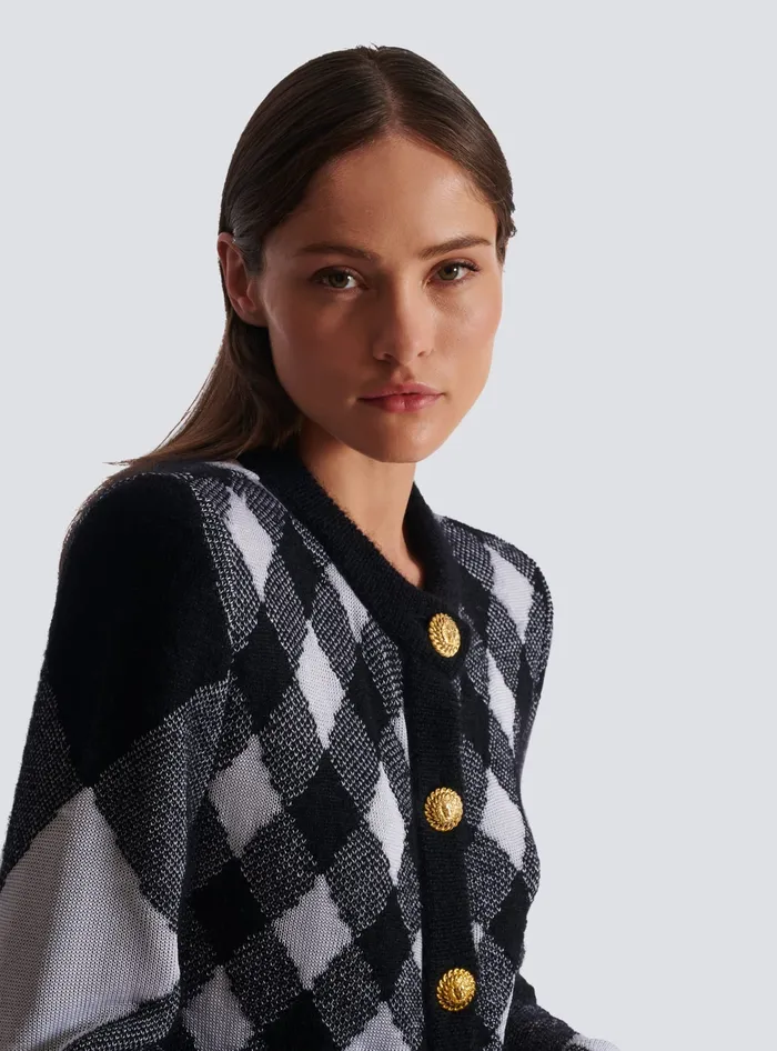 Balmain Gingham Knit Cardigan Black Women Knitwear