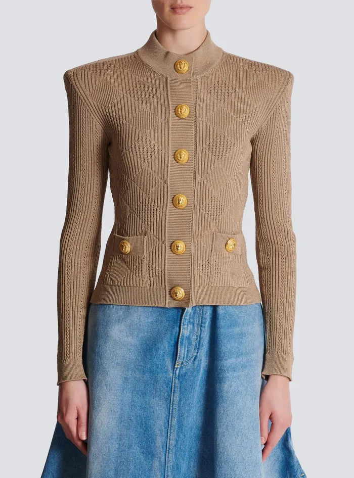 Balmain Gingham Openwork Knit Cardigan Beige Women Knitwear