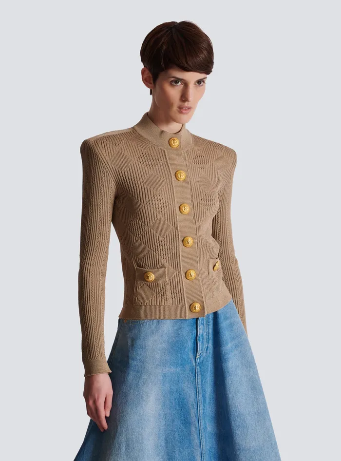 Balmain Gingham Openwork Knit Cardigan Beige Women Knitwear