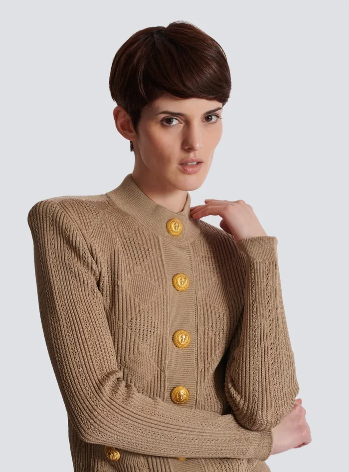 Balmain Gingham Openwork Knit Cardigan Beige Women Knitwear
