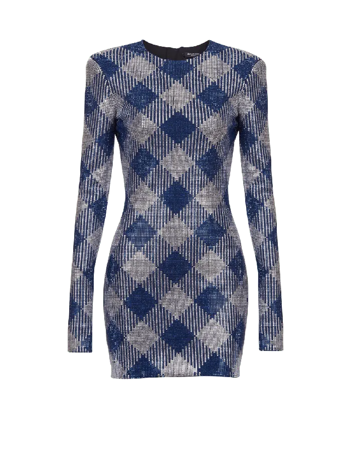 Balmain Gingham Rhinestone Dress Navy Women Dresses