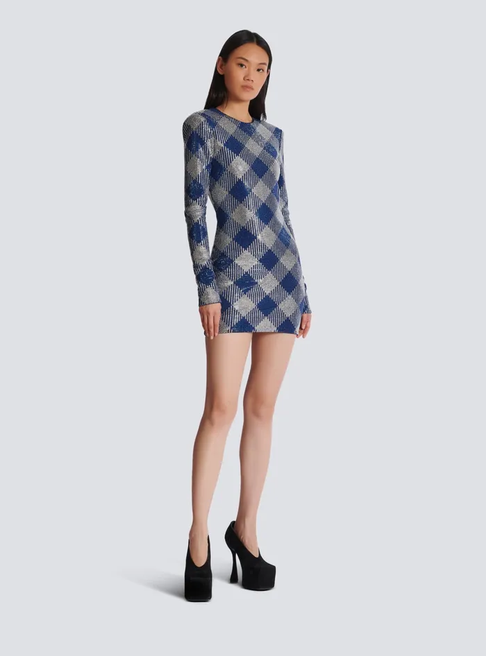 Balmain Gingham Rhinestone Dress Navy Women Dresses
