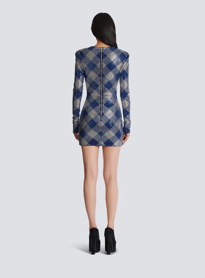 Balmain Gingham Rhinestone Dress Navy Women Dresses